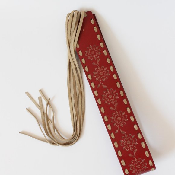 Vintage Red Floral Etching Suede Fringe Genuine Leather Belt / Fits 32W-38W - Picture 2 of 5